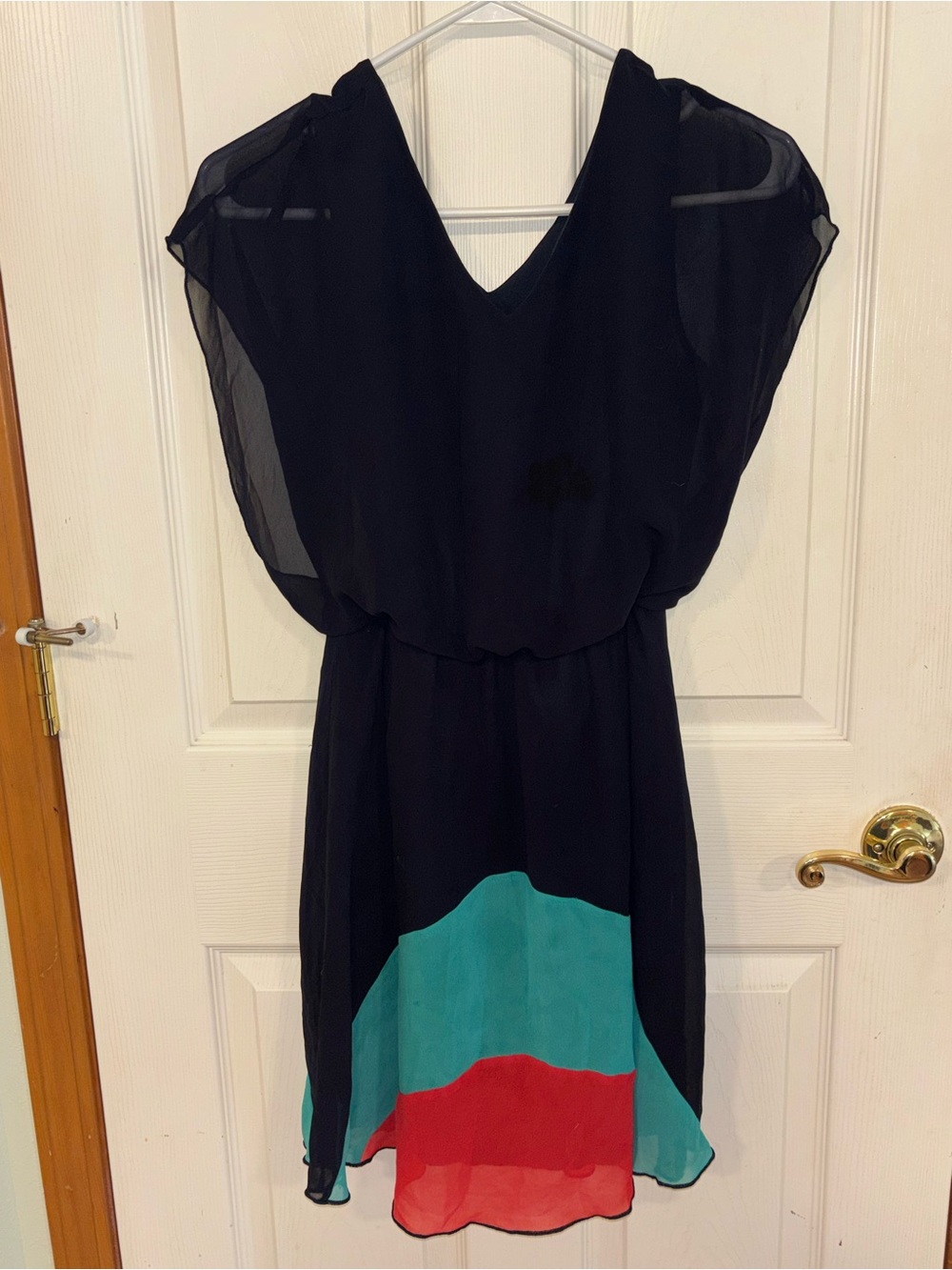Enfocus Studio Dark Blue Mini Dress with Teal and Coral Hem